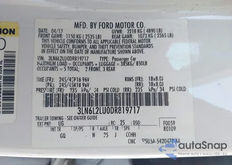 2013 Lincoln Mkz Hybrid z USA, uszkodzony, nr VIN 3LN6L2LU0DR819717